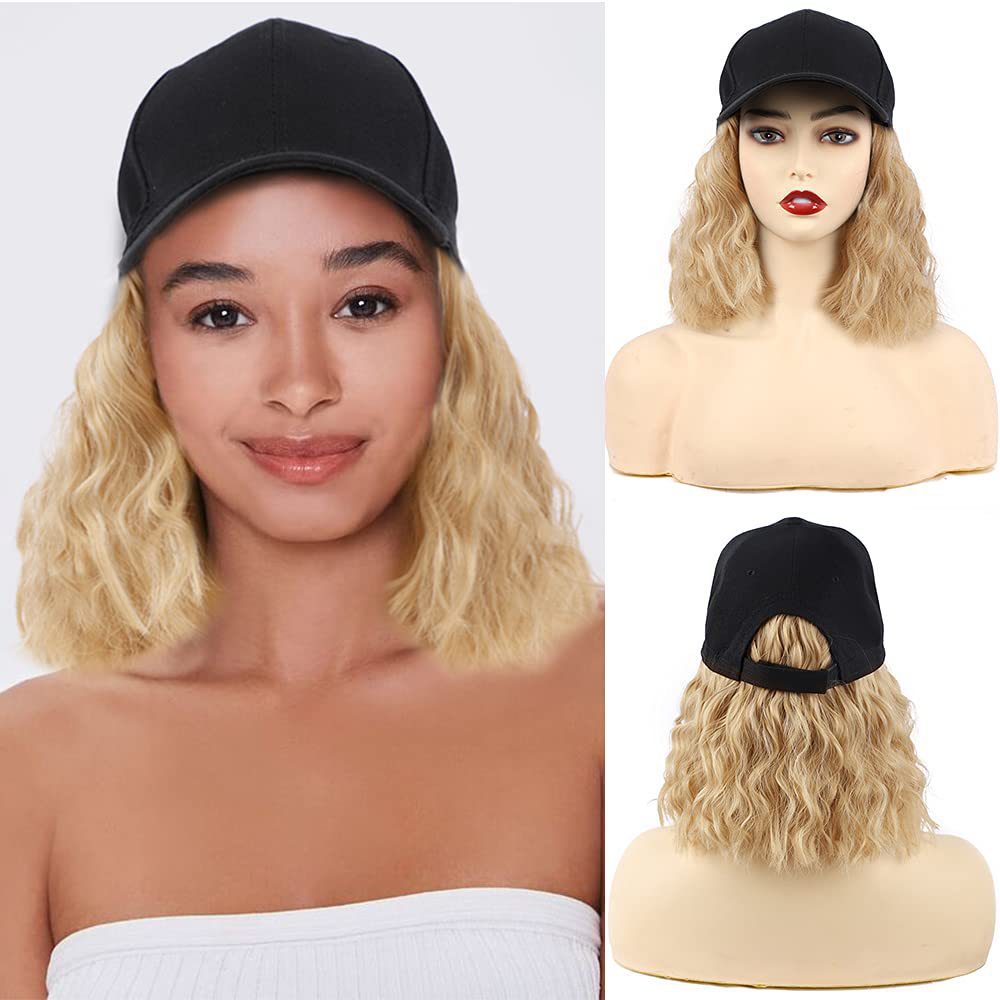 Pelucas de pelo ondulado rizado esponjoso sintético largo negro Difei con sombrero gorra de béisbol conectar naturalmente peluca de sombrero ajustable para mujeres: Azul