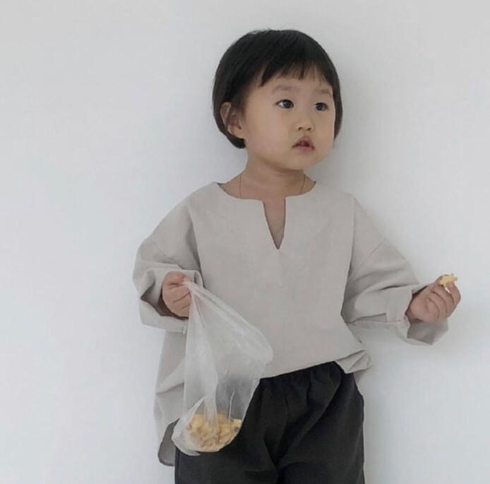 Korea fall baby cotton linen v-neck casual long sleeve shirt t-shirt: Beige / 2T