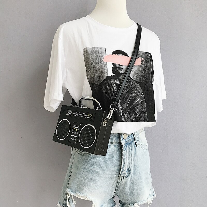Sjov sort radio stil pu læder dame clutch taske skulder taske håndtaske kvinde crossbody mini messenger taske punge