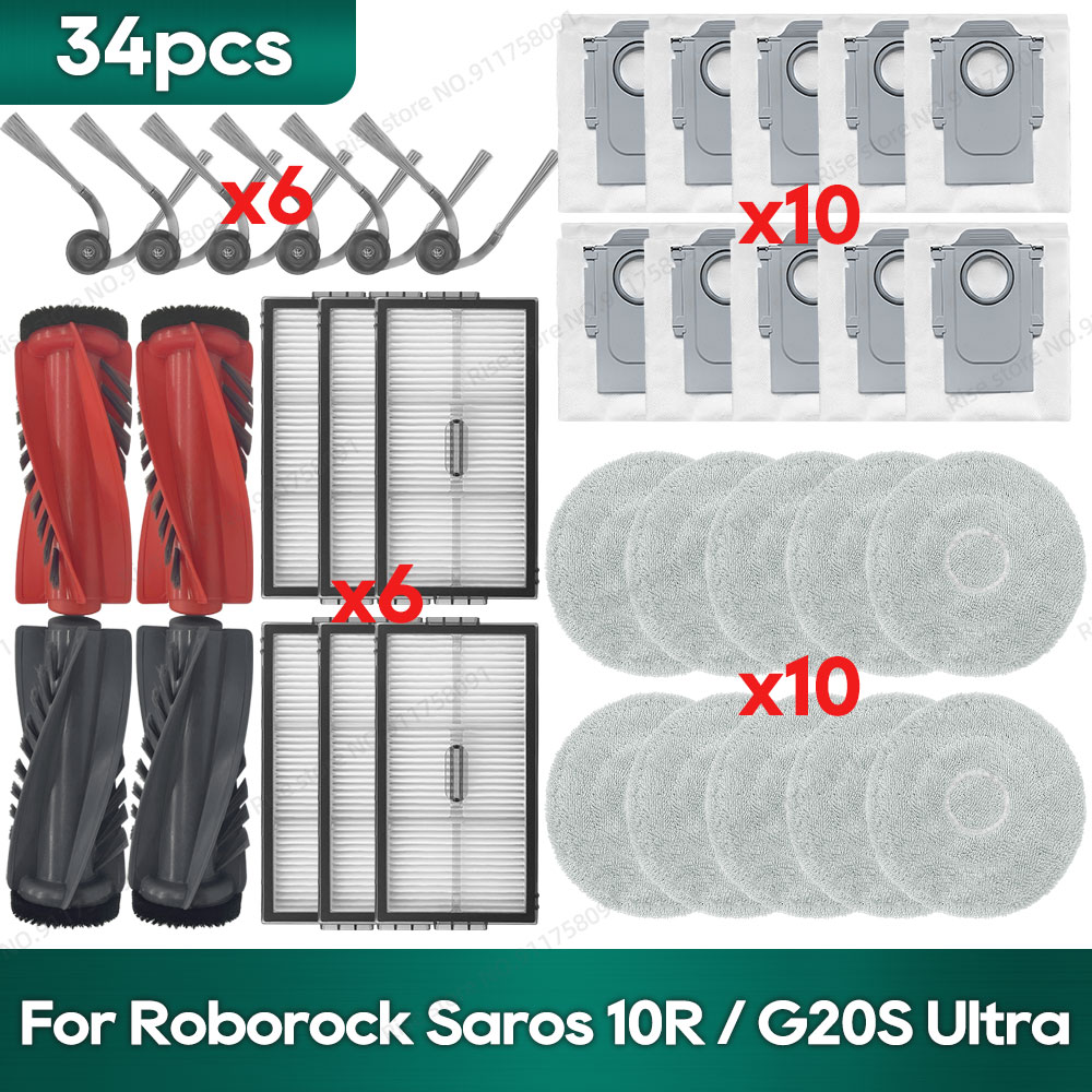 Reserveonderdelen voor Roborock Saros 10R/G20S Ultra stofzuiger, accessoireset met 2 dubbele hoofdborstels, 6 filters, 6 zijborstels, 6 dweildoeken, reinigingsborstel, schroevendraaier