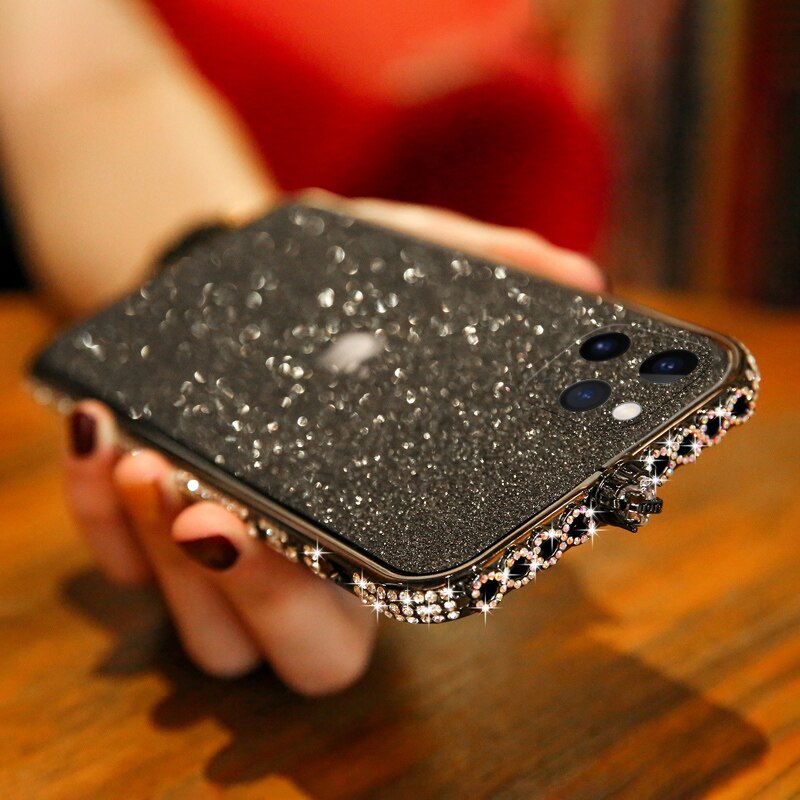 Luxe Bling Diamant Pare-chocs En Métal sur iPhone 11 Pro Max XS XR 6S Plus 7 8 Plus Paillettes Bâton Couverture Fille Femmes Étui Strass: For iPhone X XS / black