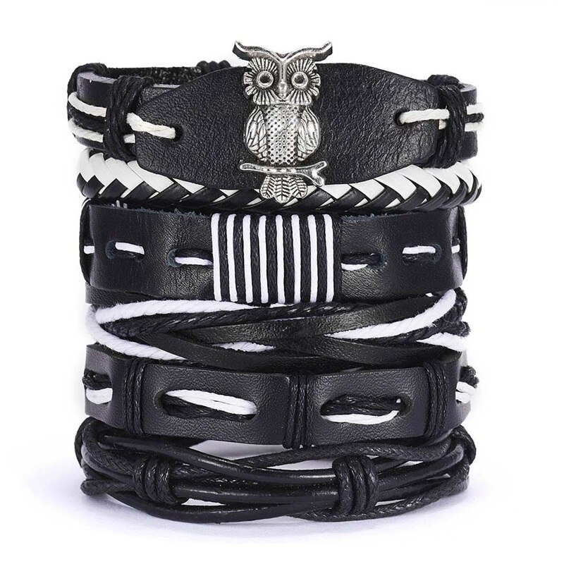 Pulseras trenzadas de cuero multicapa para hombre, brazaletes de cuerda hechos a mano, con forma de búho, hoja y estrella, para: 02