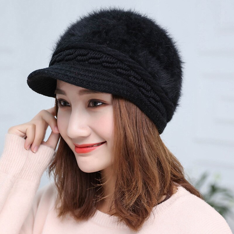Gorros de punto con visera cálida de felpa para mujer, gorros de punto de Color sólido para mujer, boina tejida, accesorios exteriores elegantes, gorros, gorros