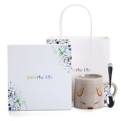 Cartoon grappige schattige keramische koffie thee kopje met deksel lepel mok koffie melk mok kind ontbijt student havermout kopje: 01 stijl