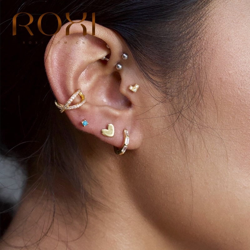 ROXI 925 sterlina d'argento mini Amore Lucido piercing Orecchini per Le Donne ins Cartilagine Vite Prigioniera Del Cuore Orecchino Oorbellen Brincos Gioielli