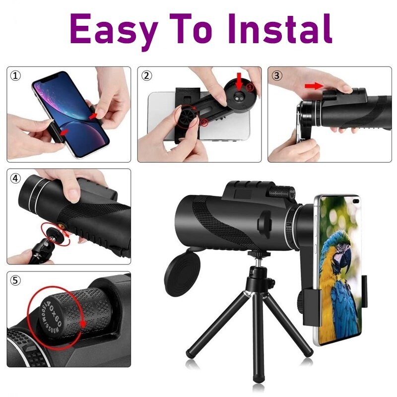 Tongdaytech-telescopio Monocular de 40x60 MM, Lente teleobjetivo con Zoom para cámara de teléfono móvil, con trípode, para Iphone, Samsung, Xiaomi, Lente para Smartphone