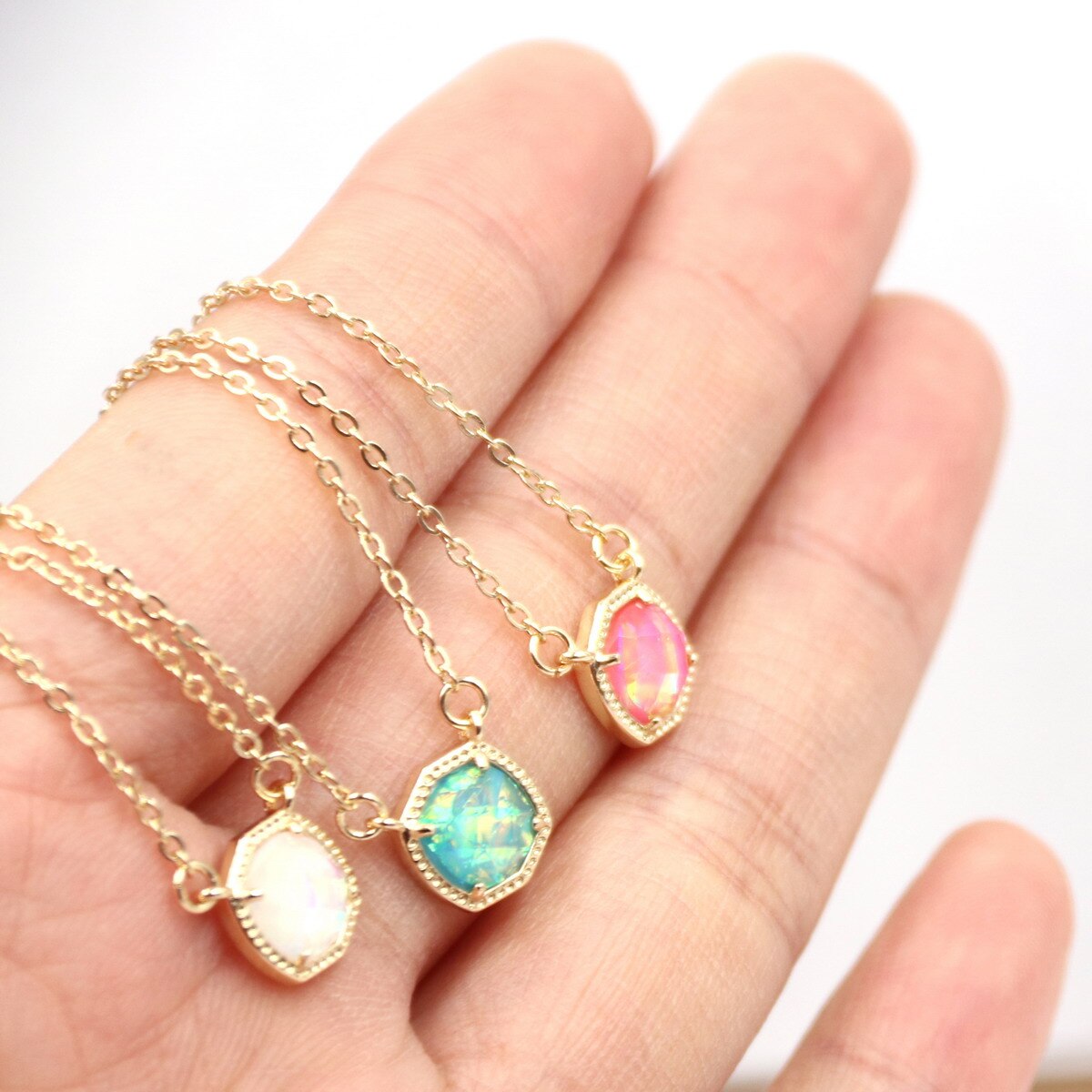 Simple 5 Colors Geometric Candy AB Crystal Hexagon Pendant Necklace For Women
