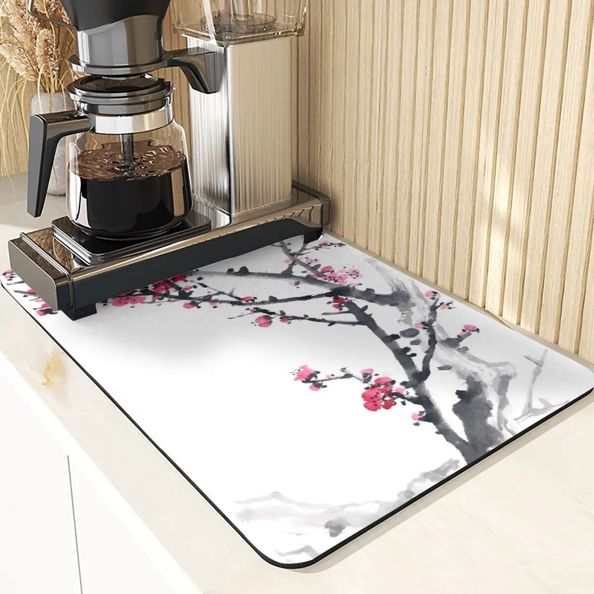 Chinese Stijl Absorberende Droogmat Voor Keuken Placemats Voor Tafel Gootsteen Diatomeeënaarde Mat Plant Patroon Siliconen Afwasmatten: M / Roze