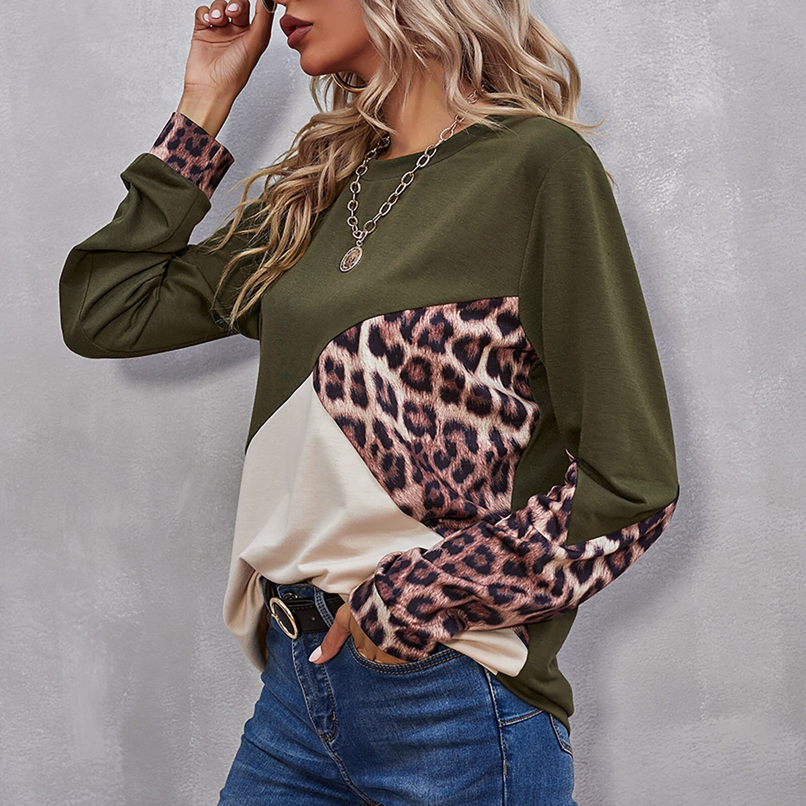 40# Women's Leopard Patchwork Print T-shirts Collision Color Casual Splicing Round Neck T-shirts Tops Mulher Camisetas Футболка