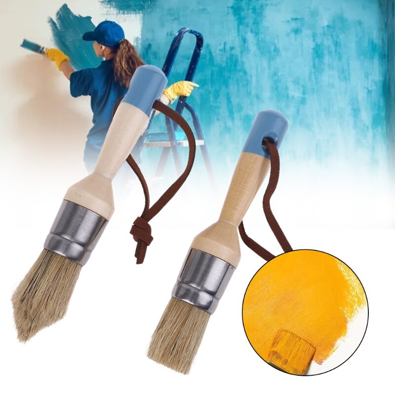 2Pcs Round and Pointed Chalk Paint Wax Brush Ergonomic Wood Handle Bristle Brush