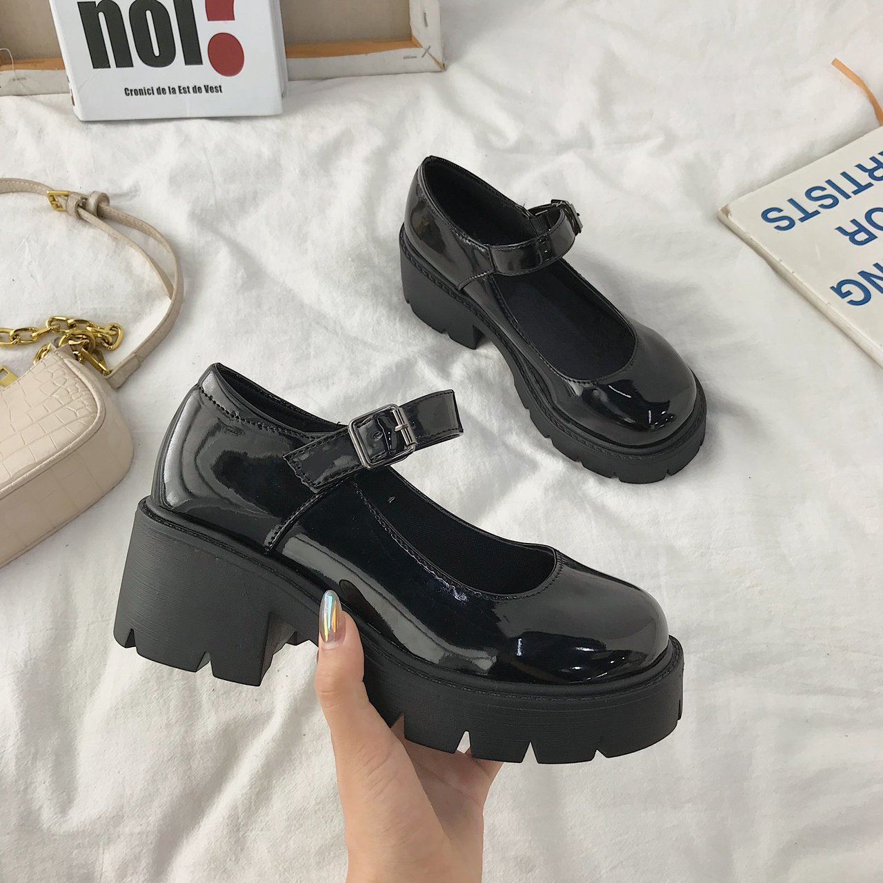 Zwarte Hoge Hakken Schoenen Vrouwen Pompen Wig Lakleer Platform Schoenen Vrouw Ronde Neus Mary Schoenen Mujer: A / 39