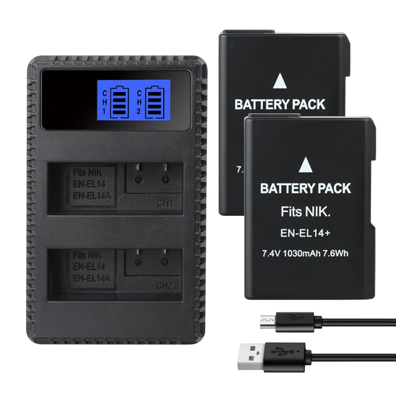 EN EL14 1030mAh Batteries EN-EL14 pour Nikon D5100 D5200 D5500 D5600 D5300 P7200 P7700 P7100 D3100 D3200 D3300 chargeur de batterie: Black