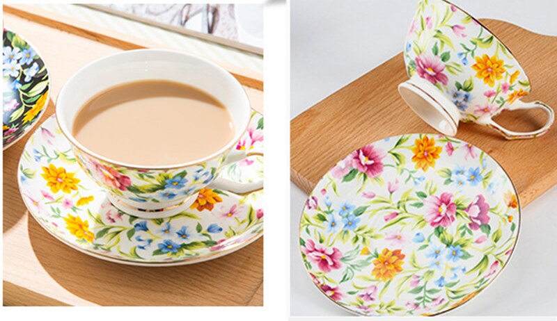 British Style Flower Bone China Coffee Cup and Saucer Set High-end Afternoon Tea Pastoral Style Flower Tea Cup