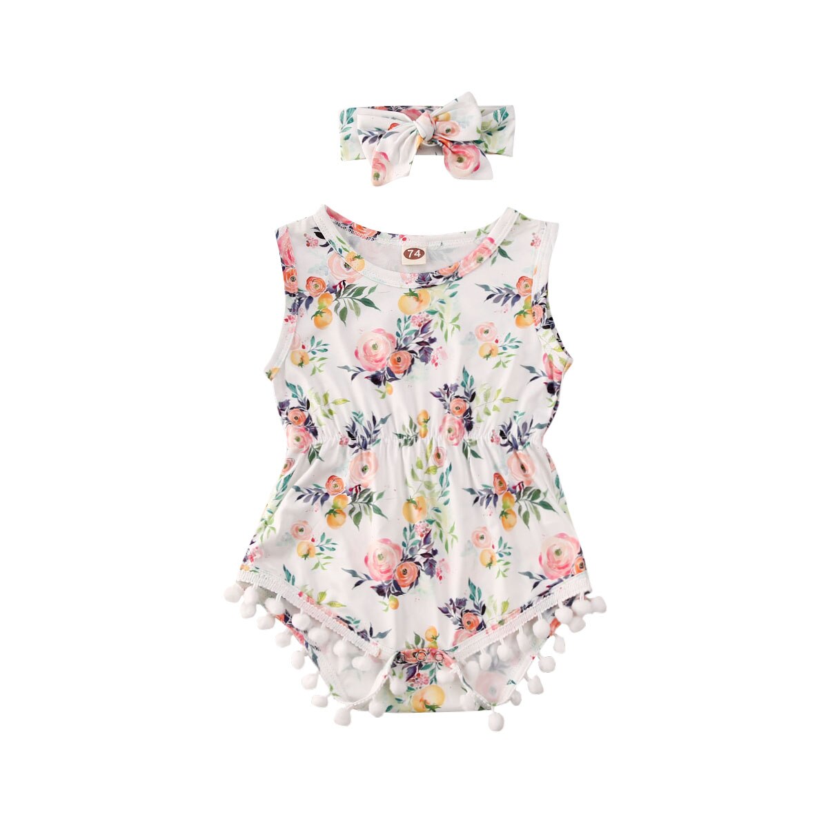 Bebis sommar kläder nyfödd bebis flickor småbarn blomma tofs boll body jumpsuit ärmlös soldräkt outfits