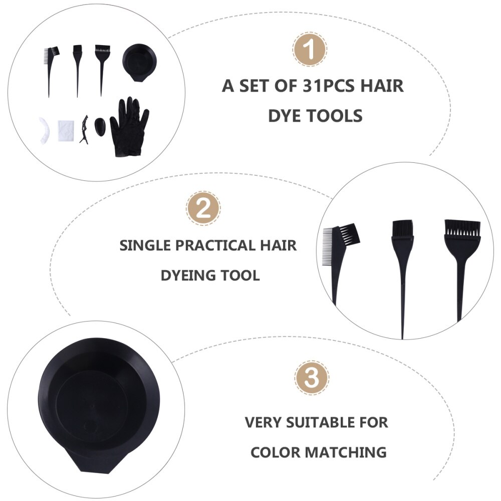 31 stk. hårfarveværktøj tilbehør til hårfarvningsskål, kam hårfarvesæt