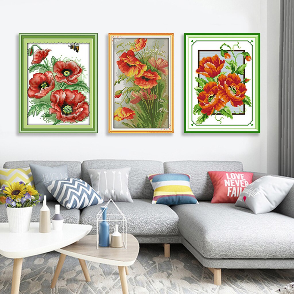 14CT Flower Cross Stitch Kit Beginner Embroidery Starter Kits 3 sizes