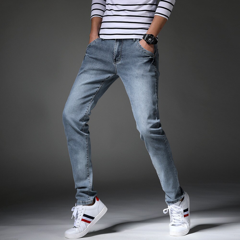 Jeans Men Classic Elasticity Skinny Jeans Business Casual Male Denim Slim Pants Style Gray Blue Jean Trousers Plus Size