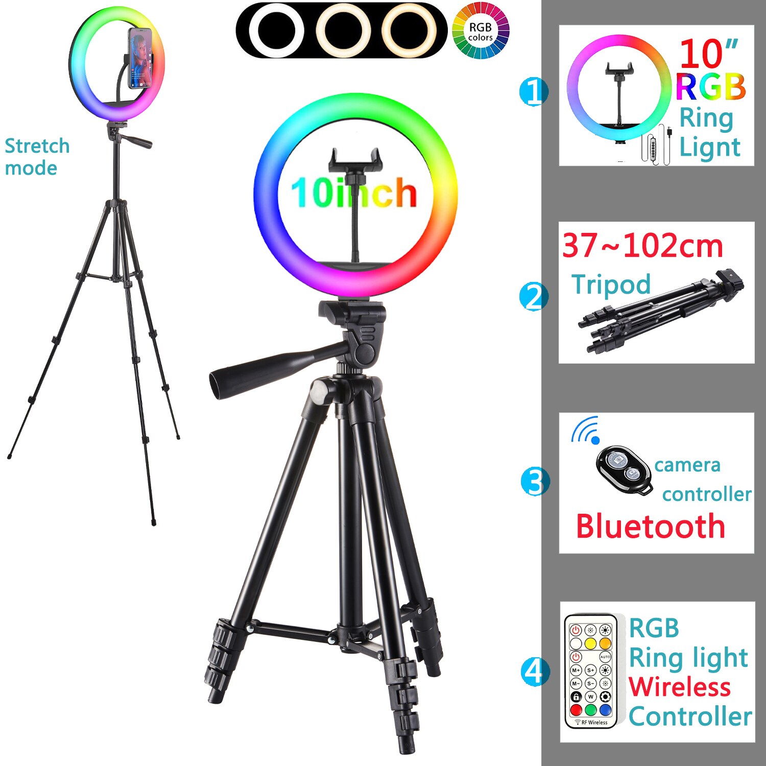 26Cm Rgb Selfie Ring Licht Cirkel Led Licht Invullen Dimbare Lamp Trepied Make Fotografie Ringlicht Telefoon Standhouder Statief: 10inRGB BK102cm