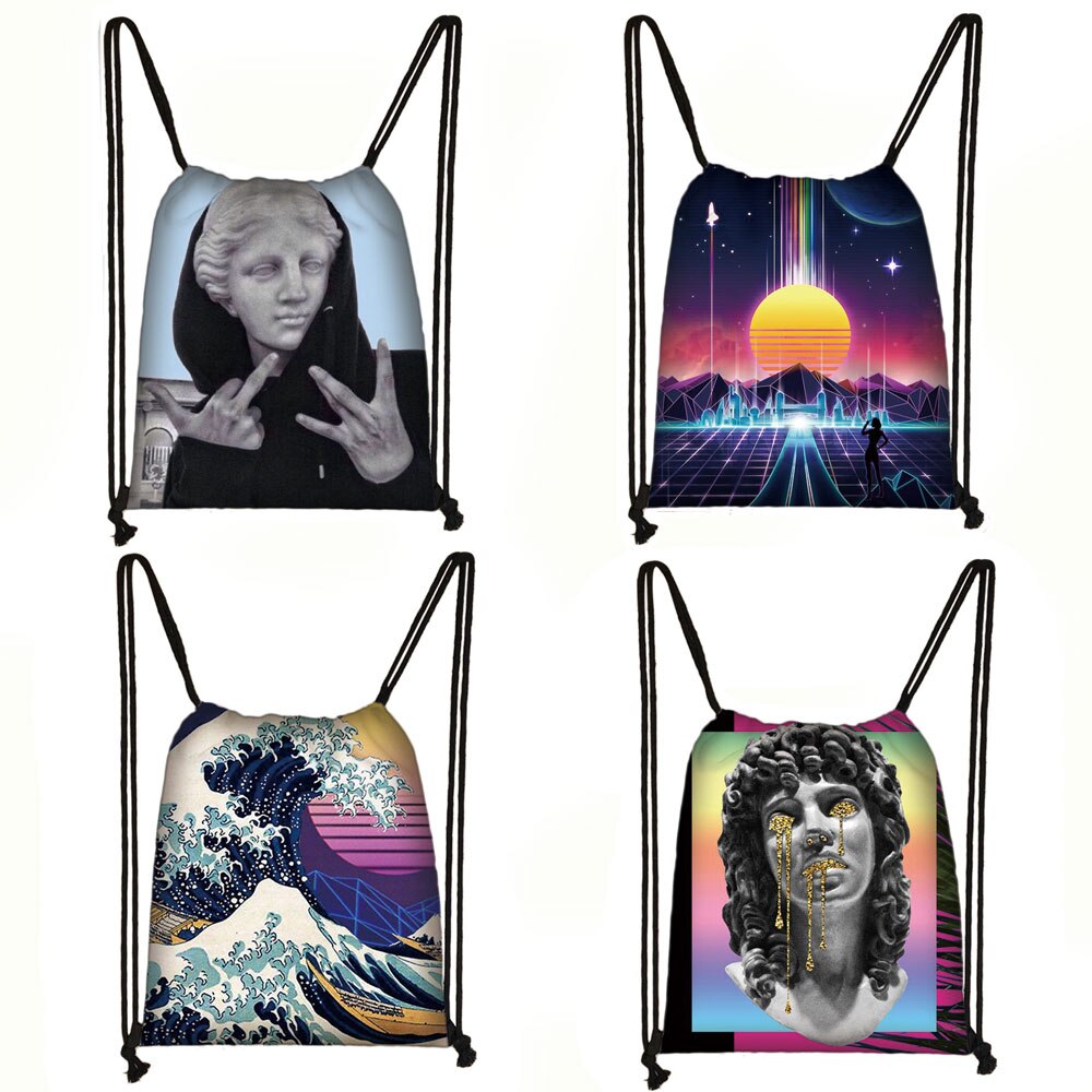 Vaporwave Ästhetischen Statue Kordelzug Tasche Frauen Leinwand Lagerung Taschen Teenager Mädchen Kausal Rucksack Damen Reisetaschen