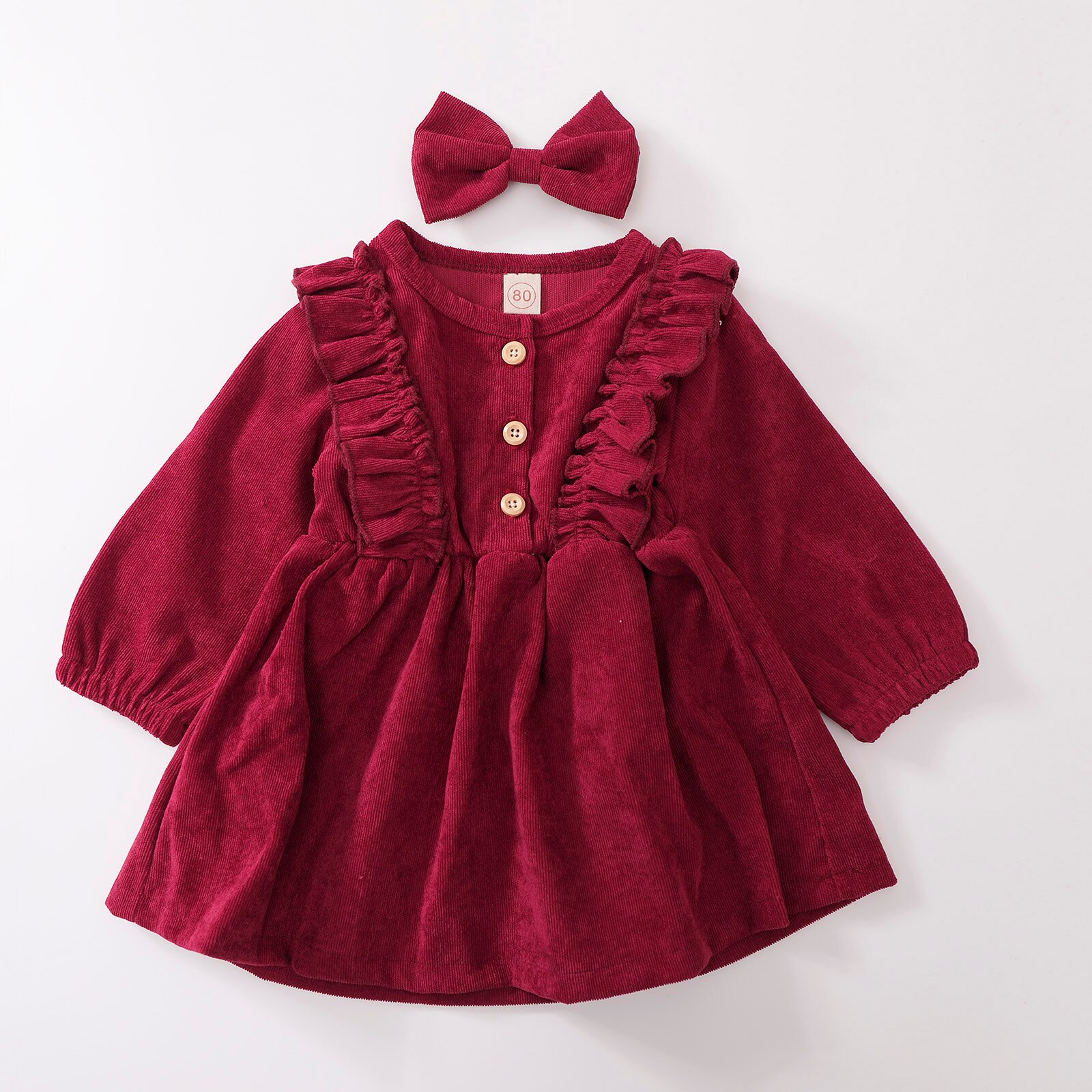 Baby pige kjole, høj talje midi, langærmet rund krave flæse knapper prinsesse plisseret falde nederdel pandebånd: 12m