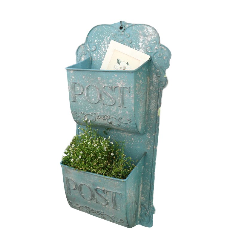 Outdoor Wall Mounted Mailbox Metal Letter Box French Rural Style Wind Storage Box Home Decoration Leaving Message: Blue