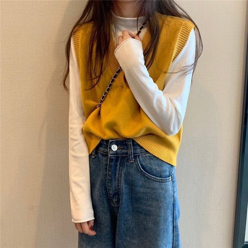 Otoño chaleco tejido cuello pico Mujer invierno suéter Chaleco Corto sin mangas suéter
