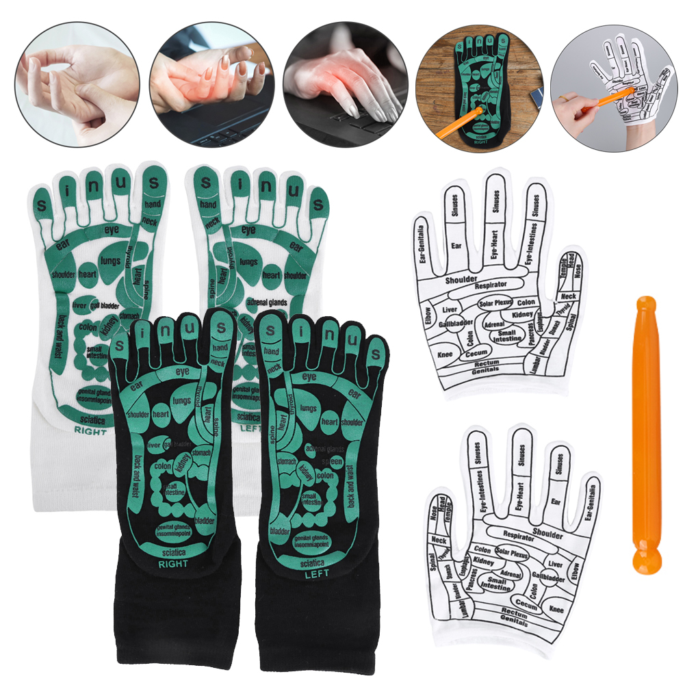 Fuß massage Akupressur Socken Akupunktur handschuhe Hand Füße Reflex zonen massage Socken Englisch Illustration Akupunktur Werkzeuge mit Massage stab
