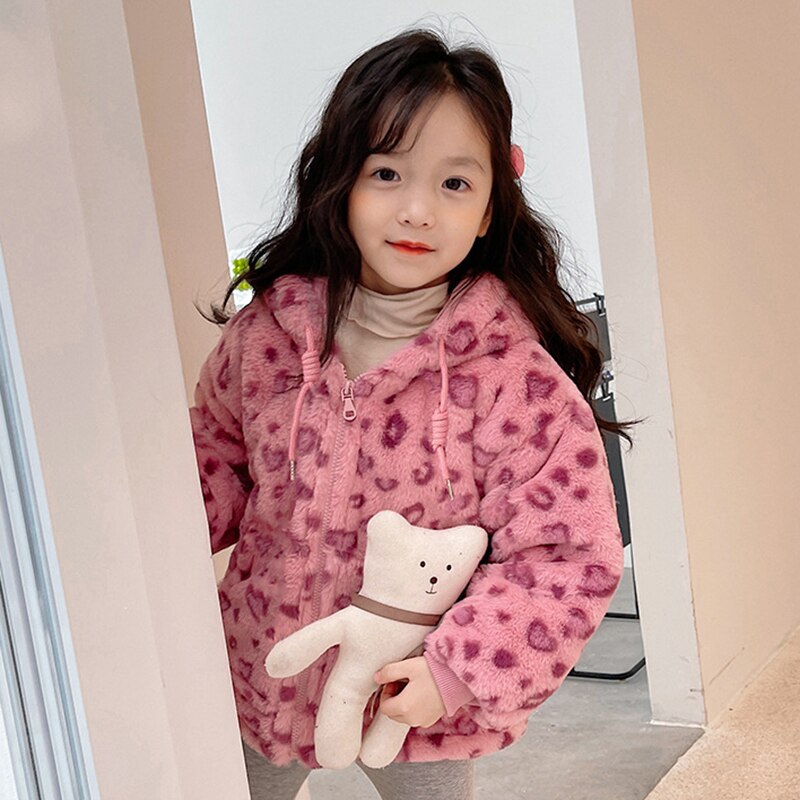 Girls Winter Hooded Jacket Fuzzy Thick Warm Pink Leopard Print Coat 3-7 Years Children Zipper Pink Outerwear Clothes