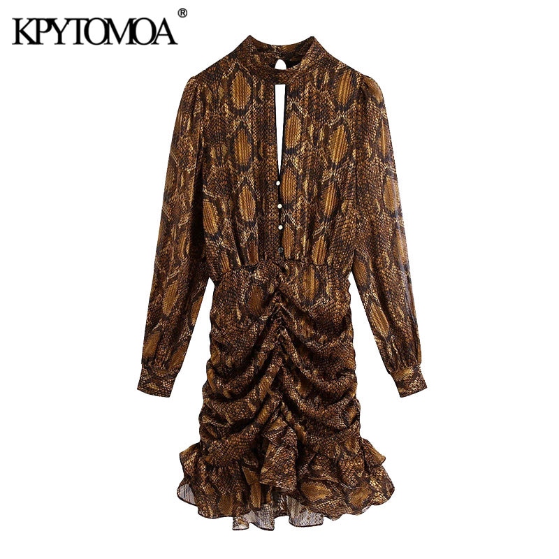 KPYTOMOA-Vestido corto con estampado de serpiente para Mujer, minivestido con volantes, cuello alto clásico, cintura elástica,