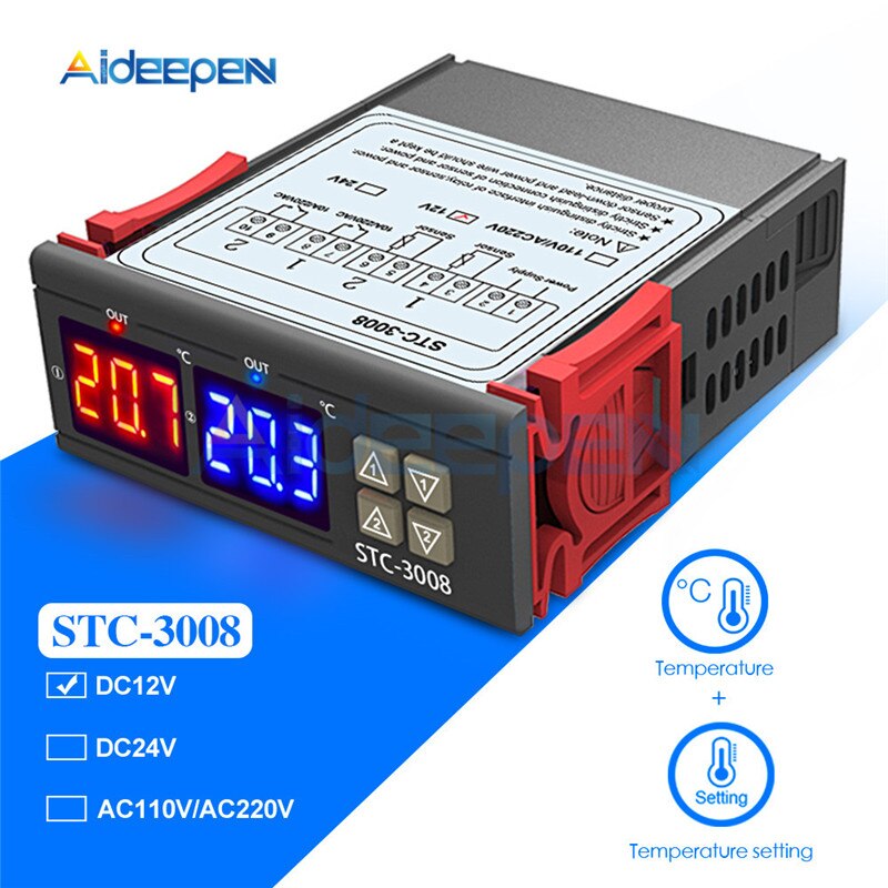 Stc -3008 stc -3018 stc -3028 dubbele digitale temperatuur-vochtigheidsregelaar thermostaat 10a met ntc-sensorsonde thermoregulator: Stc -3008 dc 12v