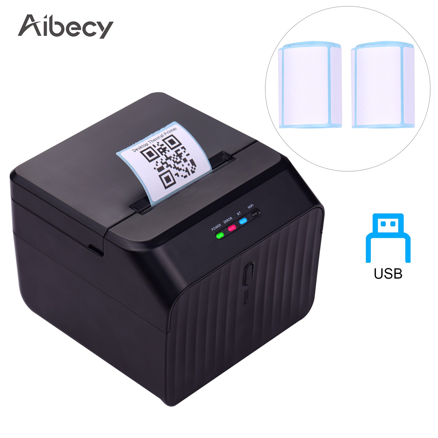 Desktop 58mm Thermal Label Printer Wired Barcode Printer USB BT Connection with 2 Rolls Paper Inside Support ESC/POS Command