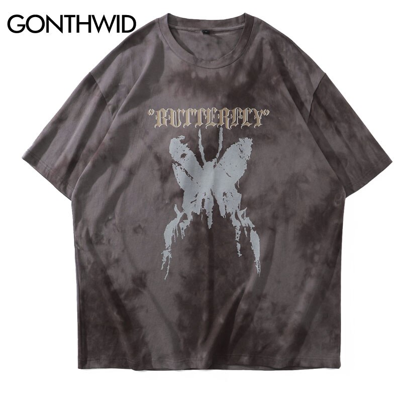 GONTHWID-camisetas con estampado de mariposa desgastado para hombre, ropa de calle Harajuku, Hip-Hop, informal, de algodón, manga corta