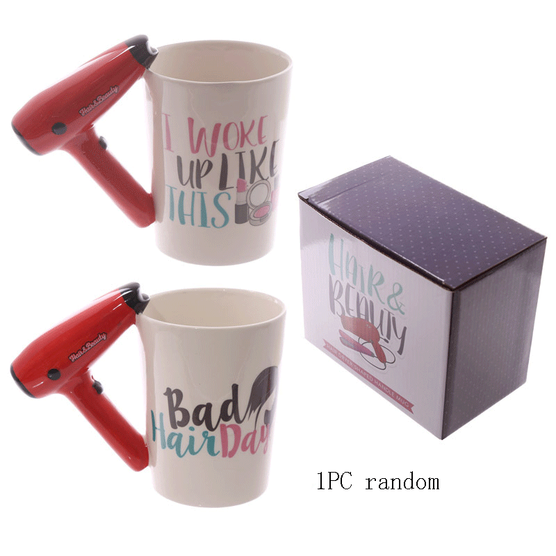 Couples Hand Painted Ceramic Mugs Girl Tools Beauty Kit Handle Tea Coffee Mug Hair Dryer Brush Handle Mug Tea Cup: hair dryer