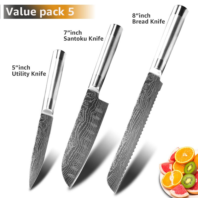 Knife Set Chef Santoku Japanese Knife 7CR17 440C High Carbon Stainless Steel Utility Bread Slicing Knives: Value Pack 5