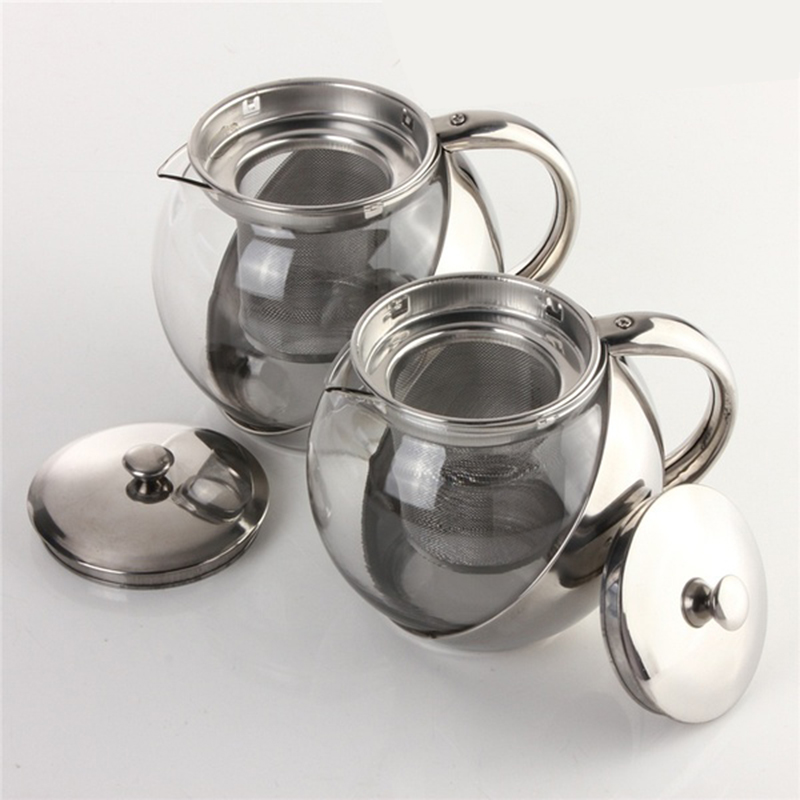 Modern Stylish Stainless Steel + Glass Teapot With Loose Tea Leaf Infuser Silver Accessories