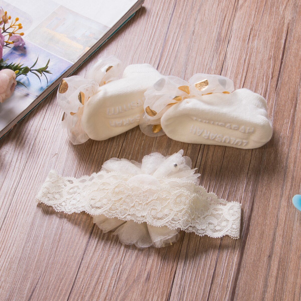 Newborn Baby Girl Lovely Socks Headband Set Flower Bowknot Crown Lace Headwrap + Booties Lace Cute Animal Decor Socks 2Pcs Set