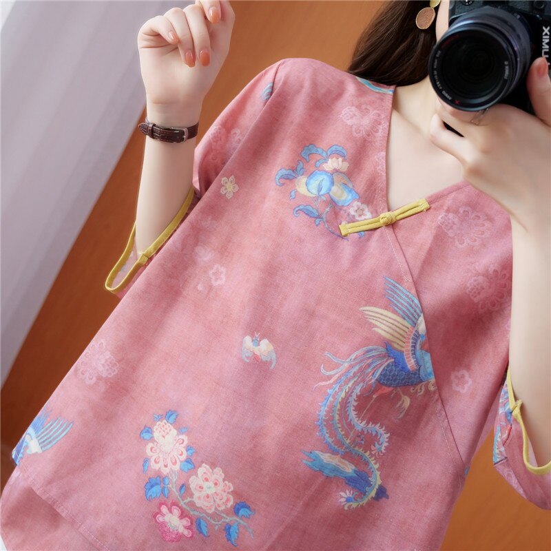 2022 chinese traditional top v neck floral printing cotton and linen qipao collar loose hanfu top tang suit