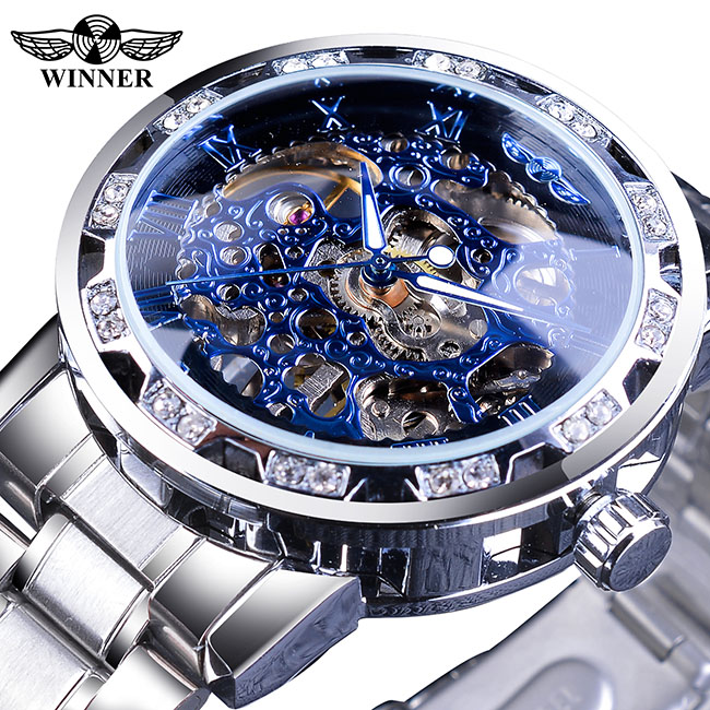 Winnaar Classic Blue Mens Mechanische Horloges Romeinse Zwart Roestvrij Stalen Band Rhinestone Skeleton Hand Wind Bedrijvengids Horloge Klok: S1089-7