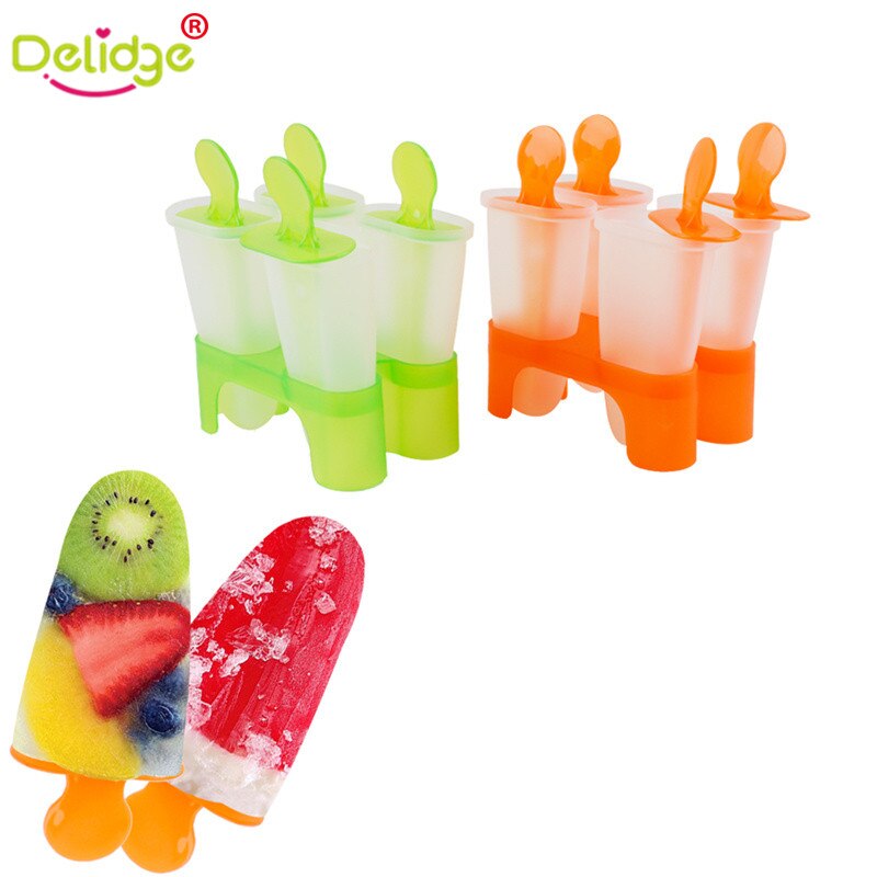 Delidge 1 pc 4 -cellige bevroren ijslollyvorm, voedselveilige plastic ijslollymaker, lollyvorm, schaal, keuken, doe-het-zelf, willekeurige kleur