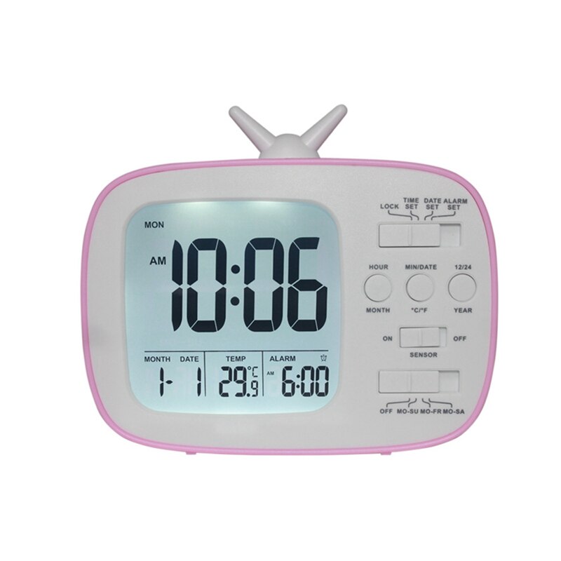 LED Digital Alarm Clock With Night Light Thermometer Calendar Alarm Clock Desk Display Smart Light-sensitive TV Shape Clocks: E