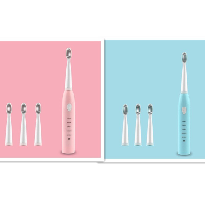Ultra Schall- Schall- Elektrische Zahnbürste Wiederaufladbare Zahn Pinsel Waschbar Elektronische Bleichen Zähne Pinsel Erwachsene Timer Zahnbürste: Blau Rosa 8Kopf