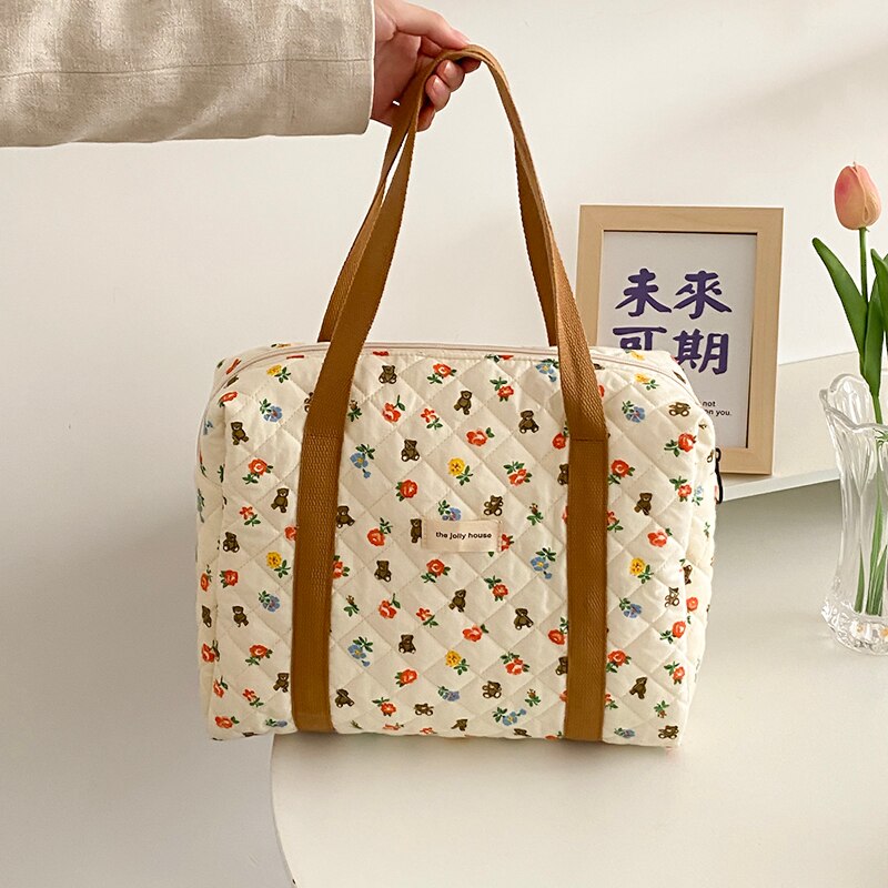 Liberty-Bolso de compras acolchado de algodón para mujer, bolsa de hombro de tela suave con estampado Floral de oso, libros bonitos, con cremallera, grande