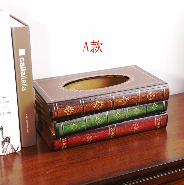 Estilo retro livro forma caixa de tecido madeira criativa quarto sala estar mesa escritório guardanapo decorativo suporte papel: A