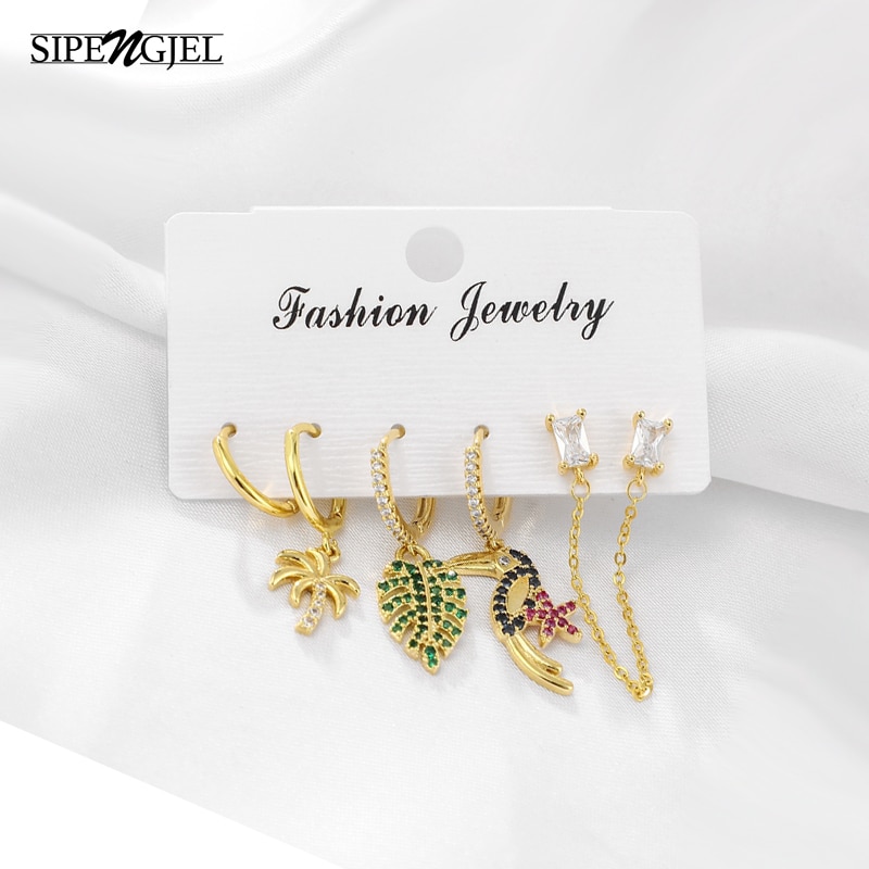 Cubic Zircon Flamingo And Tree Earrings Set Gold And Silver Color Shiny Crystal Hoop Earrings For Women Jewelry