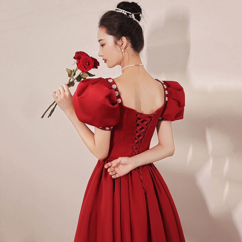 vestido de de noche de satén burdeos, vestido de banquete sin espalda, exquisito vestido de novia, ropa de tostado