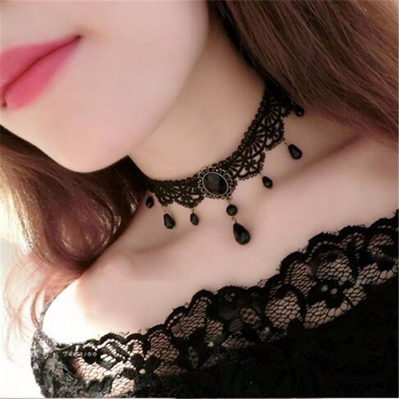 Gothic Punk Lace Choker Necklace For Women Teens Girls Rivet Heart Collar Necklace Rock Jewelry Party Necklace: C275