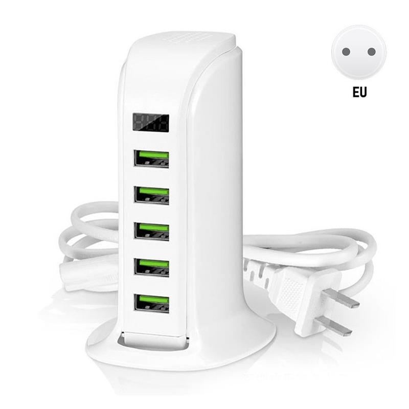 5- -poorts usb-lader, digitaal display, desktop usb-laadstation, reis usb-lader hub voor iphone samsung us eu-stekker: Eu wit