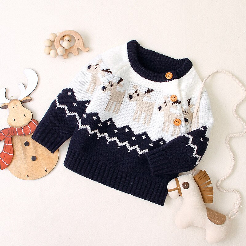 Baby drenge juletrøje til 0-24m børn efterår vinter varm langærmet tegneserie tøj jul elg mønster sweater pullover: Blå / 6m
