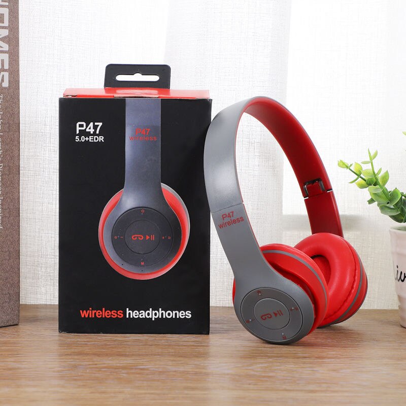 P47 Wireless Headphones Bluetooth 5.0 Earphones Foldable Bass Helmet Support TF-Card For All Phone PC PS4 With Mic Headsets: Red