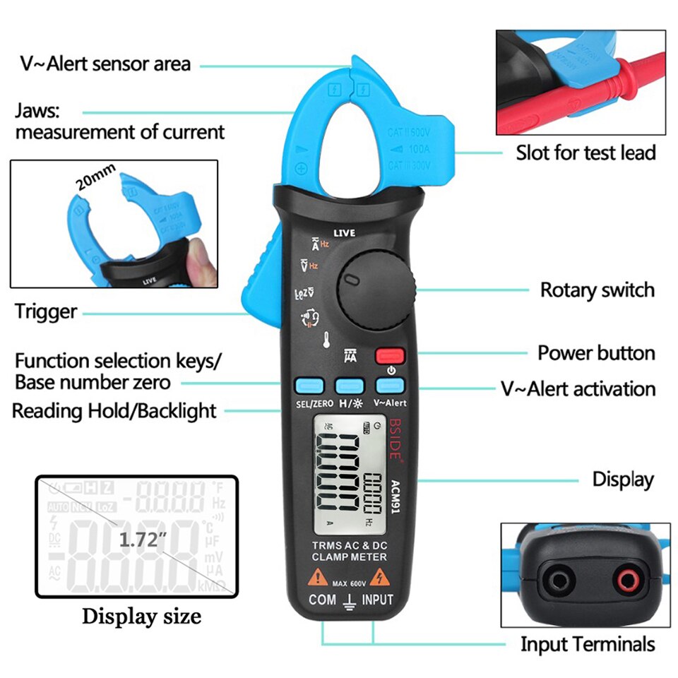 BSIDE True RMS Clamp Meter 1mA Plier Ammeter Car Repair Digital Multimeter DC AC Current Volt Temp Capacitor Tester